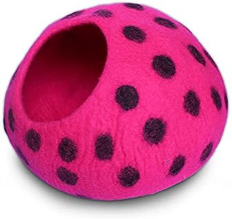 Woolygon Premium Felt Cat Cave Bed – Wool Kitty Beds Handcrafted Kitten Caves Bed for Indoor Cats - Made from Merino Wool, Foldable Cat Hideaway Covered Cat House Pod (Pink Polka)