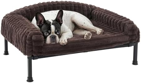 Veehoo Elevated Dog Bed with Bolster Cushion, Fluffy Plush Dog Couch Beds for Small Dogs, Cats, Washable Raised Pet Cot with Non-Slip Feet for Indoor or Patios Use, 24 x 18 Inches, Brown