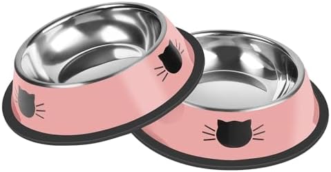 Serentive 2 Pcs Non-Slip Stainless Steel Small Cat Food Bowls - Unbreakable, Thicken 7 Oz Cat Dishes - Indoor, Removable Rubber Base, Easily Clean, Lovely Color