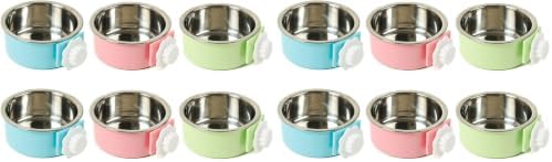 kathson Crate Dog Bowl, Removable Stainless Steel Hanging Pet Cage Bowl Food & Water Feeder Coop Cup for Cat, Puppy, Birds, Rats, Guinea Pigs (6 PCS, Size: L, 2×Blue,2×Green,2×Pink) (Pack of 2)