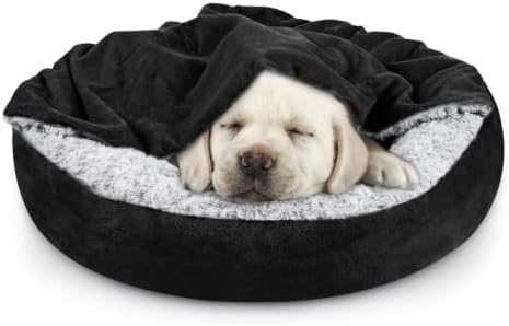 JOEJOY Small Dog Bed Cat Bed with Hooded Blanket, Cozy Cuddler Luxury Puppy Pet Bed, Donut Round Calming Anti-Anxiety Dog Burrow Cave Bed - Anti-Slip Bottom and Machine Washable 23 inch