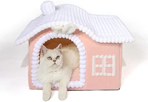 Jiupety Rabbit Cat Houses for Indoor Cats, Chimney Cute Cat Bed Cave, Enough Interior Space, Cartoon Soft Pet House Up to 3-7 lbs Kitten, Pink