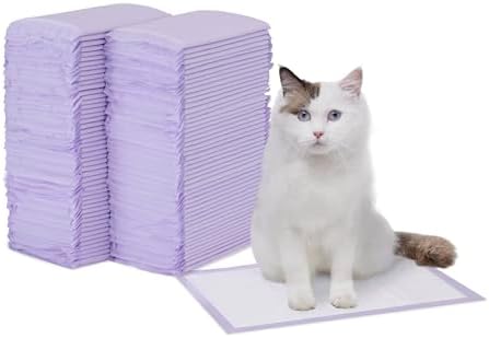 Amazon Basics Cat Pee Pads, Super Absorbent, Odor Control with Lemon Scent, Universal Fit for Cat Litter Box System, Multi Cat, Disposable, White/Purple, 100 Count