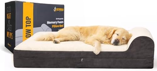 KOPEKS Jumbo Orthopedic Dog Bed - 7-inch Thick Memory Foam Pet Bed with Pillow with Removable Cover & Free Waterproof Liner - for Large Breed Dogs, XL, Brown-Plush Top