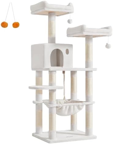 Feandrea Cat Tree, 55.8-Inch Tall Cat Tower Condo Indoor, Light Warm White