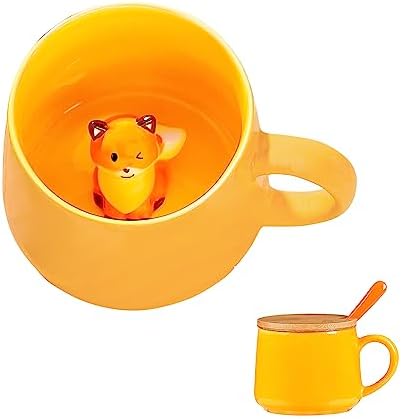BigNoseDeer Kawaii Fox Mug Cute Mugs with 3D Fox Inside Ceramic Coffee Mug with Lid and Spoon Cute Stuff Birthday Gifts Cute Gifts For Women 13.5oz