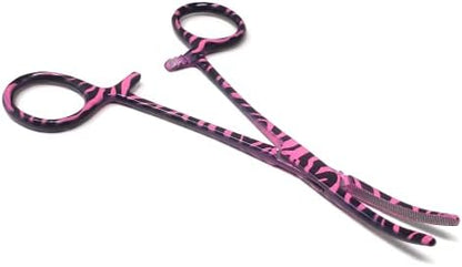 Dog Pet Ear/Nose Hair Puller Grooming Hemostat Locking Forceps Curved Pliers, 5.5" (14cm) Full Serrated Clamps Stainless Steel (Pink Candy Swirls)