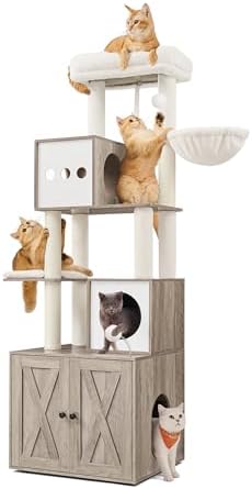 Feandrea Cat Tree with Litter Box Enclosure, 70.1-Inch Tall Cat Tower
