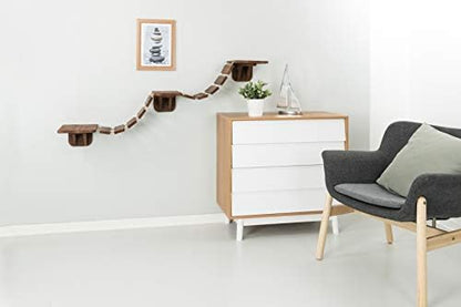 TRIXIE Wall Mounted Cat Bridge – Space-Saving Cat Wall Shelves for Climbing, Jumping & Vertical Play – Elevated Cat Furniture with 3 Platforms – Espresso Brown, 59.1 x 11.8 x 5.5 in