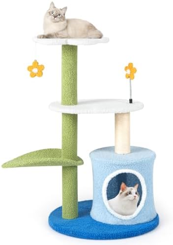 Tangkula Cute Cat Tree, Flower Cat Tower with Sisal Scratching Post, Plush Leaf-Shaped Perch, Roomy Condo, Fluffy Spring Ball & Jingling Ball, Small Cat Tree for Indoor Cats 20 lbs Heavy Duty