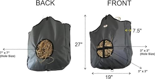 Majestic Ally Nylon Hay Feeder Tote Bag for Horse, Goat, Sheep - Double Sides Open Feed Hole with Faux Leather Ventilated Bottom- Premium Quality -Simulates Grazing - Reduces Waste (Dark Gray)