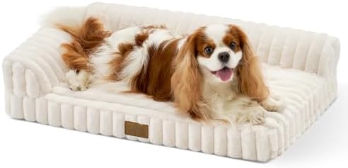 COZY KISS Faux Rabbit Fur Small Dog Bed – 30"x20" Orthopedic Foam Couch with Sides, Removable Washable Cover & Waterproof Lining, Cream