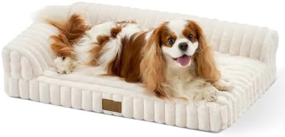COZY KISS Faux Rabbit Fur Small Dog Bed – 30"x20" Orthopedic Foam Couch with Sides, Removable Washable Cover & Waterproof Lining, Cream