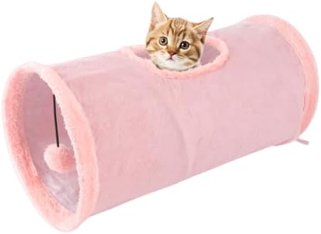 Cat Tunnel,Indoor Cat Play Tube Toys with Play Ball,Durable Collapsible Rabbit Hideaway Tunnel for Kitten,Bunny, Guinea Pig, Rat, Hamster, Ferret, Chinchilla (Pink)