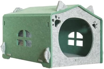 Removable Folding Model Cat Cottage Cat Bed, All Season Useful Litter Box, Fun for Cats or Dogs, The Peekaboo Foldable Felt Cat Cave and Cube for Small Medium Large Cats, Green