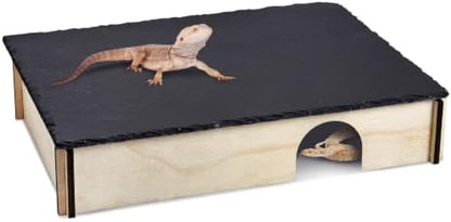PINVNBY Large Bearded Dragon Basking Platform, Wooden Snake Hide, Ball Pythons Hide with Slate Rock, Leopard Gecko Tank Accessories for Crested Gecko Chameleon Turtles (XL: 15.7x9.84x2.76 inches)