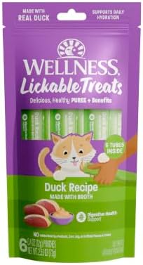 Wellness Lickable Soft Puree Cat Treats, All Lifestages, Kitten to Senior, Natural, Grain Free, Duck Flavor, 0.4 oz, Pack of 6 Tubes
