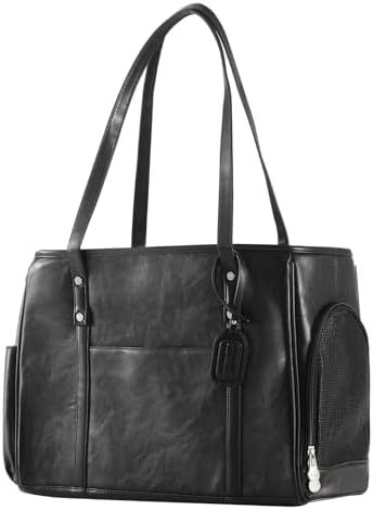 Fashion Dog Carrier Purse, Premium Leather Cat Carrier Bag, Airline Approved Soft Sided Pet Travel Tote Bag with Pockets Black