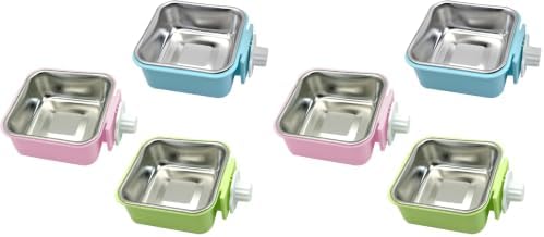 kathson Crate Dog Bowl, Removable Stainless Steel Hanging Pet Kennel Cage Bowl Food & Water Feeder Coop Cup for Puppy, Cat, Rabbit, Guinea Pigs 3pcs Small Square(Blue, Green, and Pink) (Pack of 2)