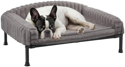 Veehoo Elevated Dog Bed with Bolster Cushion, Fluffy Plush Dog Couch Beds for Small Dogs, Cats, Washable Raised Pet Cot with Non-Slip Feet for Indoor or Patios Use, 24 x 18 Inches, Grey