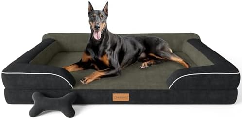CWAWZ XXL Dog Bed for Extra Large Dogs, Giant Orthopedic Dog Bed with Cooling Gel Memory Foam, Waterproof Pet Bed with Removable Washable Cover, 53" Pet Sofa Bed Dutch Velvet with Bone Toy, Black