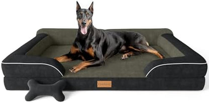 CWAWZ XXL Dog Bed for Extra Large Dogs, Giant Orthopedic Dog Bed with Cooling Gel Memory Foam, Waterproof Pet Bed with Removable Washable Cover, 53" Pet Sofa Bed Dutch Velvet with Bone Toy, Black