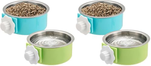 Mechpia 2 Pieces Crate Dog Bowl, Removable Stainless Steel Pet Kennel Hanging Food Water Feeder Bowl Cage Coop Cup for Puppy Medium Dog Cat Rabbit Ferret Bird (Blue,Green) (Pack of 2)