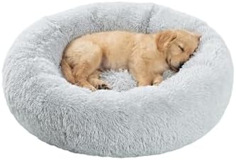 SAVFOX 23 inches Calming Donut Dog Bed - 3X Durable Plush Faux Fur, Machine Washable & Non-Slip, Fits up to 25 lbs, Light Grey