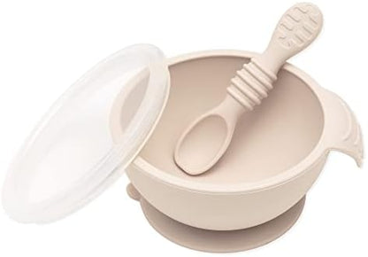 Bumkins Feeding Set with Suction, Includes Spoon and Lid, Training Essentials for Baby-Led Weaning, Toddler Self-Feeding, Babies Eating at 4 Mos Up, Beige