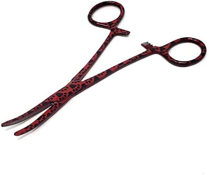 Dog Pet Ear/Nose Hair Puller Grooming Hemostat Locking Forceps Curved Pliers, 5.5" (14cm) Full Serrated Clamps Stainless Steel (Red Paws)