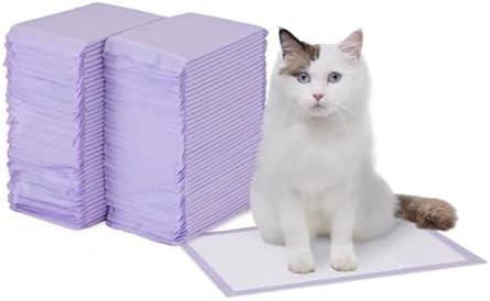 Amazon Basics Cat Pee Pads, Odor Control, Super Absorbent, Disposable, Universal Fit for Litter Box, Lemon Scent, Multi Cat, White/Purple, 80 Count