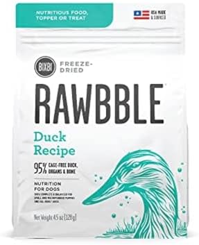 BIXBI Liberty Freeze-Dried Dog Food Topper & Treats, Duck – 95% Meat & Organs, No Refrigeration – USA Made, 4.5 oz