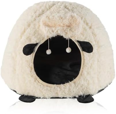 Cute Cat Bed Cave for Indoor Sheep Shaped Pet Plush House Self-Warming Nest Small Dogs Rabbits with Removable Cushion for Puppy Bed with Hanging Toy