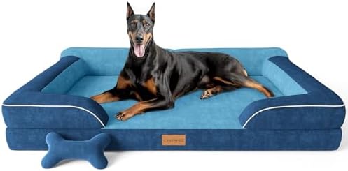 CWAWZ XXL Dog Bed for Extra Large Dogs, Giant Orthopedic Dog Bed with Cooling Gel Memory Foam, Waterproof Pet Bed with Removable Washable Cover, 53" Pet Sofa Bed Dutch Velvet with Bone Toy, Navy Blue