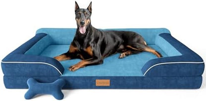 CWAWZ XXL Dog Bed for Extra Large Dogs, Giant Orthopedic Dog Bed with Cooling Gel Memory Foam, Waterproof Pet Bed with Removable Washable Cover, 53" Pet Sofa Bed Dutch Velvet with Bone Toy, Navy Blue