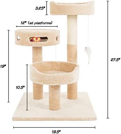 Cat Tree - 3-Tier Tall Cat Tower Condo with 2 Napping Perches, Sisal Rope Scratching Post, Hanging Mouse and Interactive Wheel Toy by PETMAKER (Beige), 27.5"