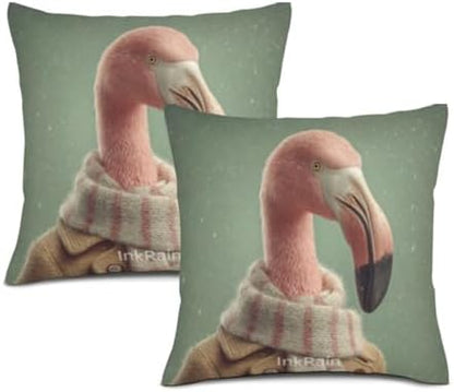 InkRain Winter Animal Cute Flamingo Pillow Cover 28x28 Inch Set of 2 Home Decor Decorative Cotton Linen Illustration Pillowcases for Living Room House Sofa
