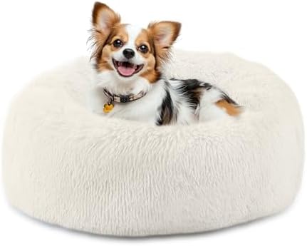 Bunlitent 20 inch Calming Dog Bed, Donut Dog Bed for Small Sized Dog, White