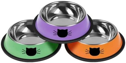Serentive 3 Pcs Non-Slip Stainless Steel Small Cat Food Bowls - Unbreakable, Thicken 7 Oz Cat Dishes - Indoor, Removable Rubber Base, Easily Clean, Lovely Color