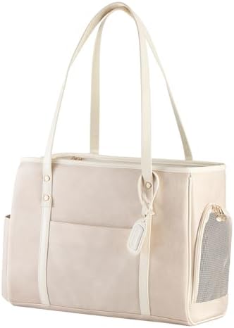 Fashion Dog Carrier Purse, Premium Leather Cat Carrier Bag, Airline Approved Soft Sided Pet Travel Tote Bag with Pockets Beige