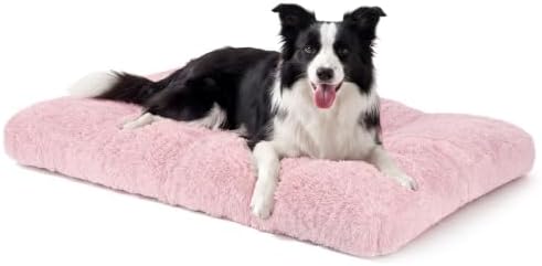 JOEJOY Large Dog Bed Crate Pad, Deluxe Plush Washable Dog Beds Fulffy Soft Kennel Pad Anti-Slip Pet Sleeping Mat for Large Medium Small Dogs, 35" x 23", Pink