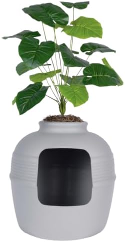 Good Pet Stuff Original Hidden Litter Box Planter, Decorative Cat Litter Enclosure, Carbon Filter, Faux Plant, Round Design, Easy to Clean, Base Kit, Broad Leaf Philodendron, Pebble Gray
