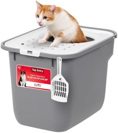 IRIS USA Cat Litter Box - Top Entry, Large, Gray/White