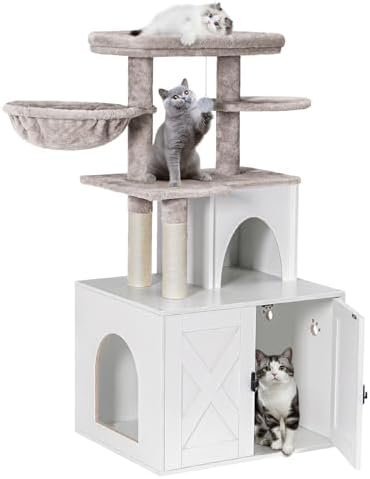 Snughome Cat Litter Box Enclosure with Cat Tree Tower and Condo, Hidden Washroom Furniture with Sisal Scratching Post and Soft Plush Perch, Wooden Cat Furniture with Multiple Platforms, White