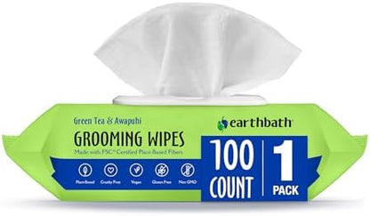earthbath Green Tea & Awapuhi Grooming Wipes, 100 Count (1 Pack)