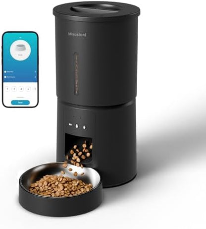Miaosical Automatic Cat Feeder,2.4G WiFi Timed Auto Cat Food Dispenser with 10s Voice Recorder,Dual Power Supply,4.2L Auto Cats Feeder(Black, 4.2L WiFi Single Bowl)