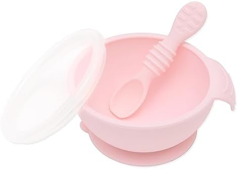 Bumkins Silicone Baby Bowl Feeding Set With Suction for Toddler, Includes Spoon and Lid, First Feeding Set, Essential for Led Weaning, 4 Months+, Pink