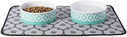 Bone Dry Paw Print Ceramic Pet Bowl, Lattice Collection, Large Set, 7.5x2.4", Aqua, 2 Count