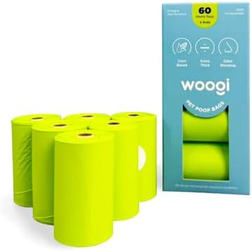 Woogi Dog Poop Bags – 60 Extra Thick & Leakproof Bags (4 Rolls), Compostable Pet Waste Bags Made from Corn Starch, Unscented