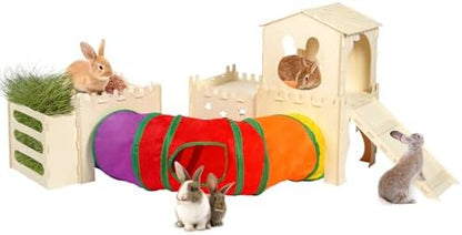 Extra Large Wooden Rabbit Hideout with Tunnels and Hay Feeder - Multistory Bunny Castle with Stairs, Climbing Tower and Sturdy Habitat for Indoor Bunnies, Guinea Pigs, Chinchillas Small Animal